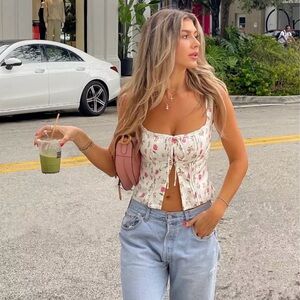NEW House Of CB Chicca Corset Tank Crop Top White Posy Floral M DD Plus Cup